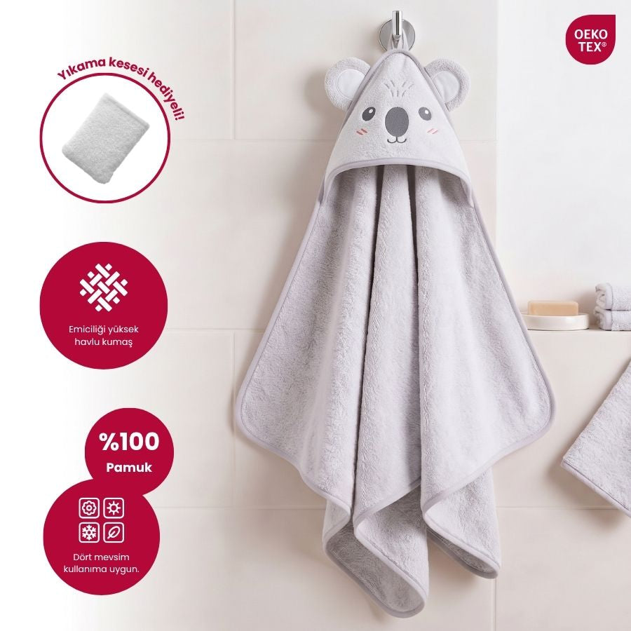 Kese Hediyeli %100 Pamuk Kapüşonlu Bebek Banyo Havlusu Tatlı Koala